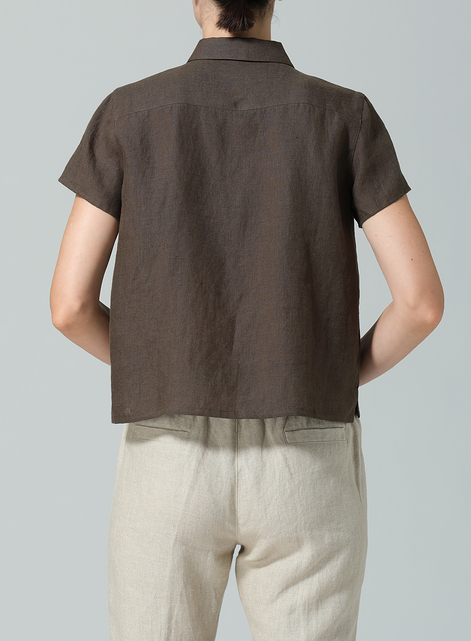 Linen Short Sleeve Mini-point Collar Shirt