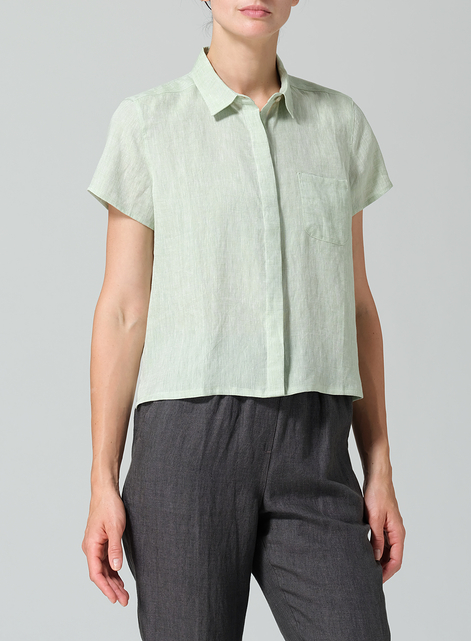 Linen Short Sleeve Mini-point Collar Shirt