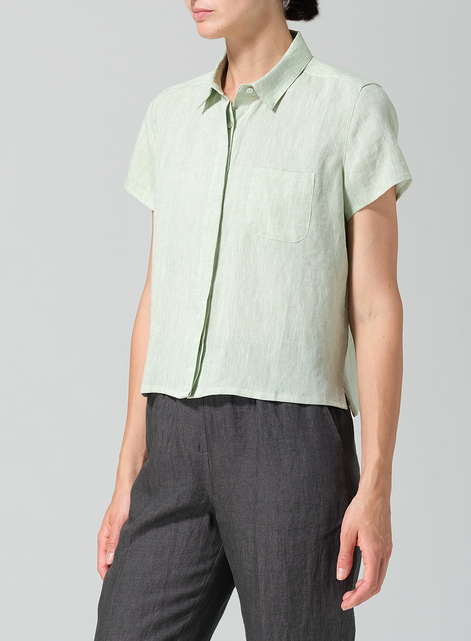 Linen Short Sleeve Mini-point Collar Shirt