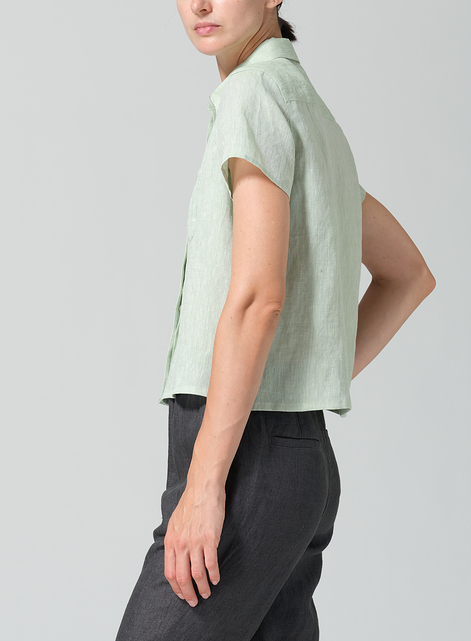Linen Short Sleeve Mini-point Collar Shirt