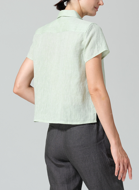 Linen Short Sleeve Mini-point Collar Shirt