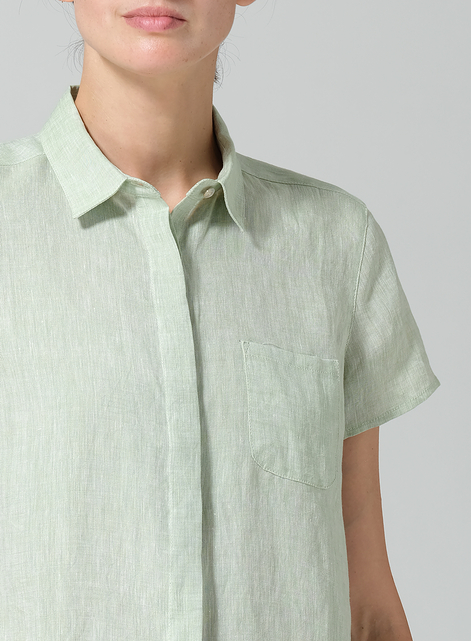 Linen Short Sleeve Mini-point Collar Shirt