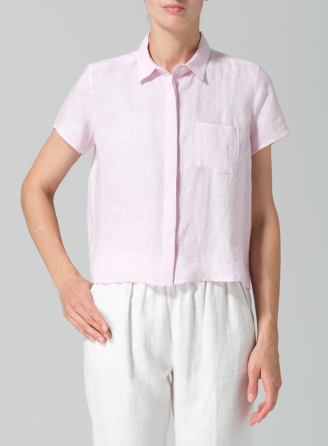 Linen Short Sleeve Mini-point Collar Shirt