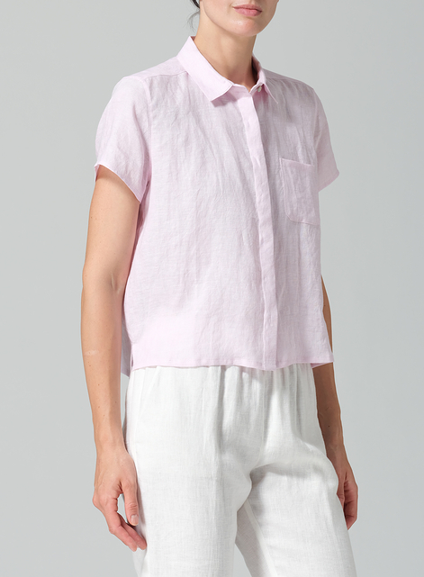 Linen Short Sleeve Mini-point Collar Shirt