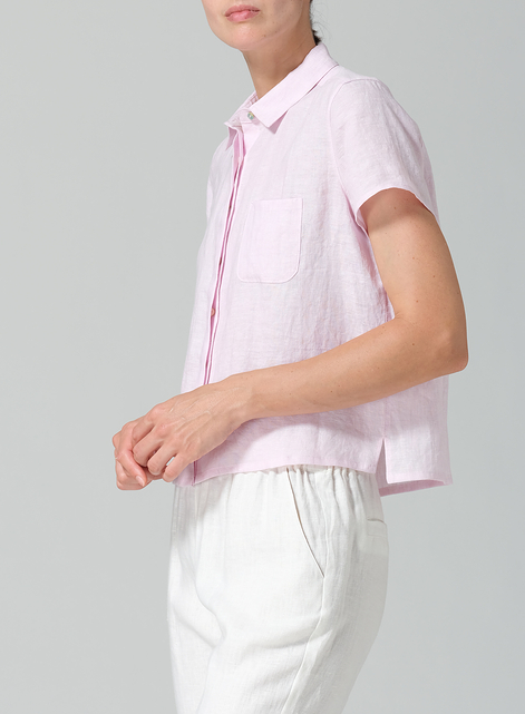Linen Short Sleeve Mini-point Collar Shirt
