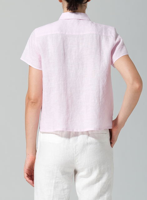 Linen Short Sleeve Mini-point Collar Shirt