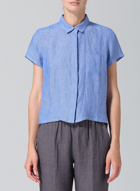 Linen Short Sleeve Mini-point Collar Shirt