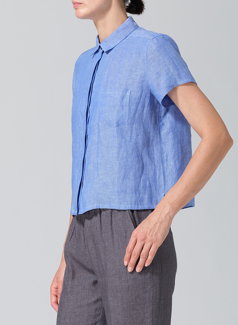 Linen Short Sleeve Mini-point Collar Shirt