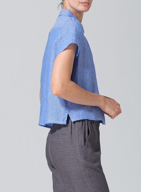 Linen Short Sleeve Mini-point Collar Shirt