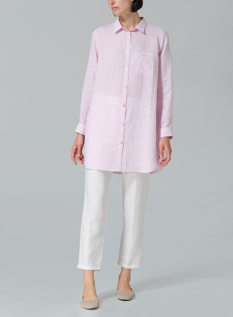 Linen L/S Solid Basic Button Front Long Blouse
