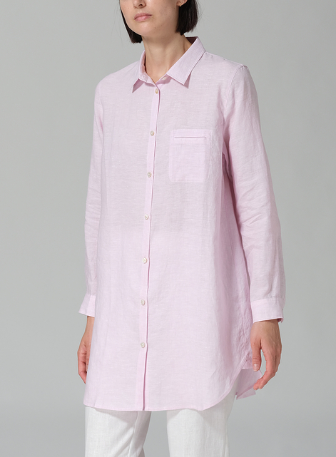 Linen L/S Solid Basic Button Front Long Blouse