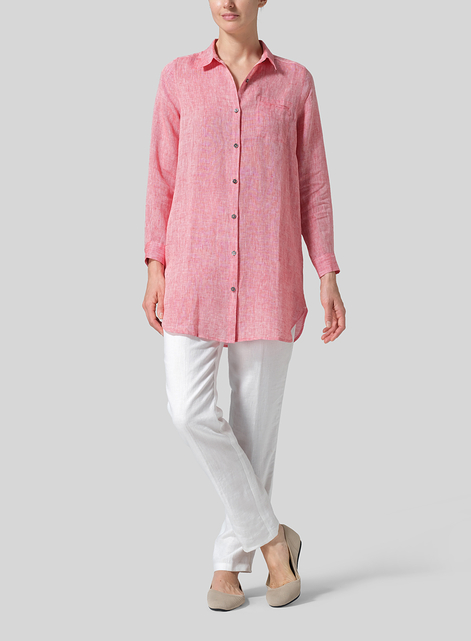 Linen L/S Solid Basic Button Front Long Blouse