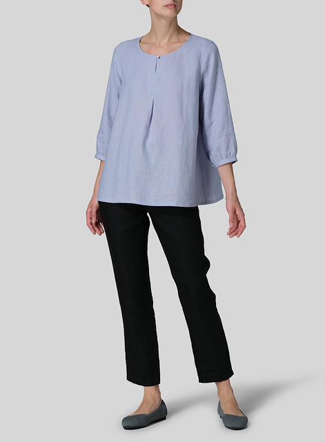 Linen Half Sleeve Inverted Front Pleat Blouse
