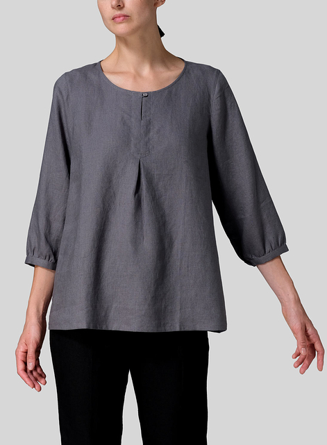 Linen Half Sleeve Inverted Front Pleat Blouse