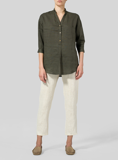Linen Blouse With V-neck Mandarin Collar