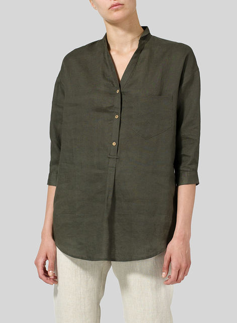 Linen Blouse With V-neck Mandarin Collar