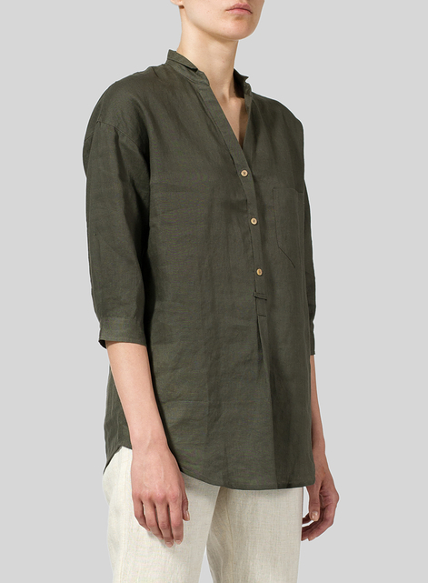 Linen Blouse With V-neck Mandarin Collar