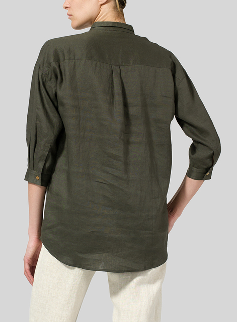 Linen Blouse With V-neck Mandarin Collar