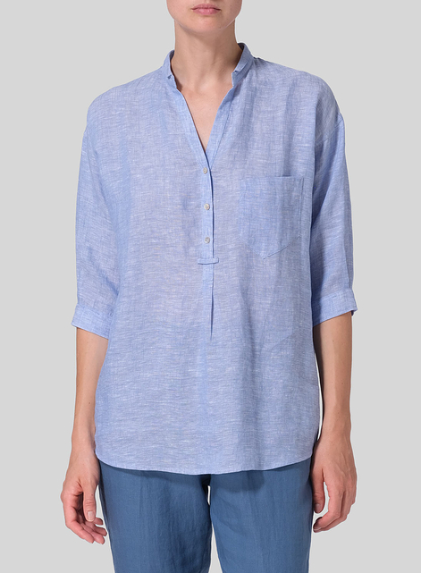 Linen Blouse With V-neck Mandarin Collar