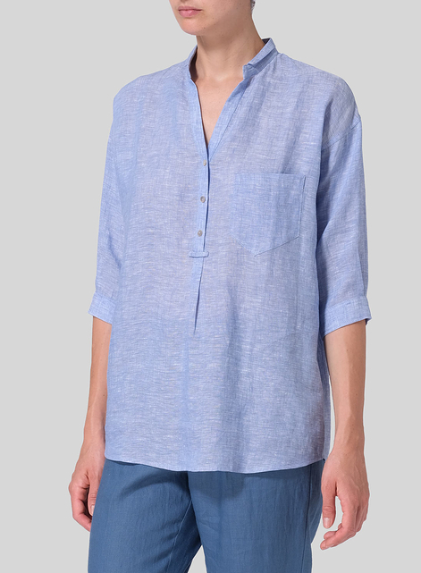 Linen Blouse With V-neck Mandarin Collar
