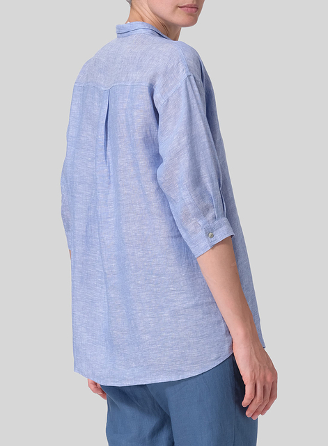 Linen Blouse With V-neck Mandarin Collar