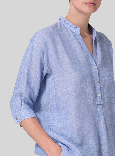 Linen Blouse With V-neck Mandarin Collar