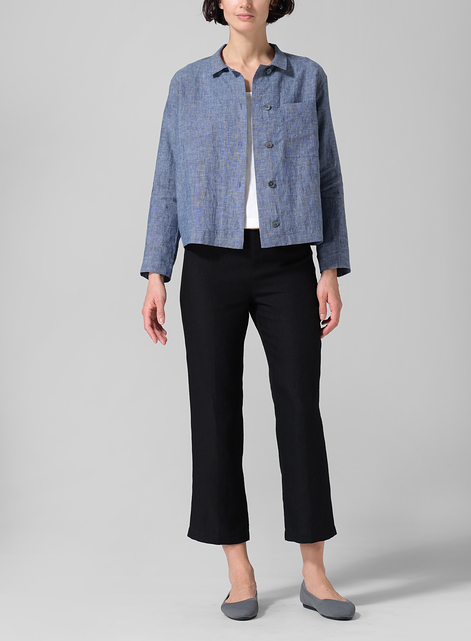 Linen Cropped Shirt Jacket with Pockets