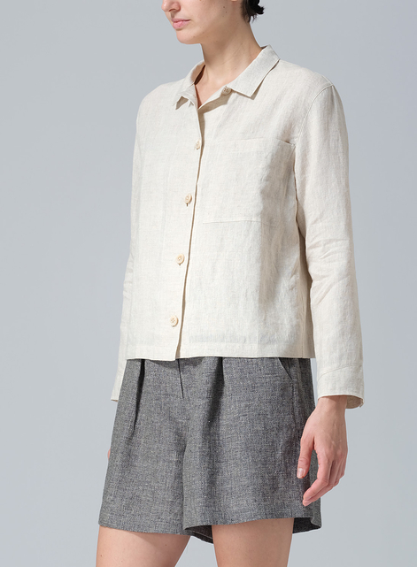 Linen Cropped Shirt Jacket with Pockets