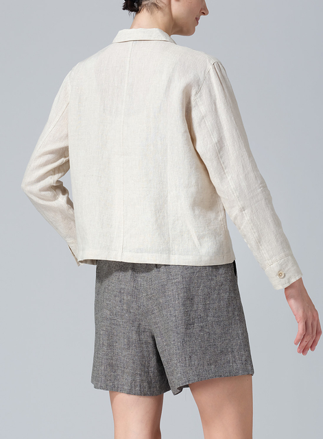 Linen Cropped Shirt Jacket with Pockets