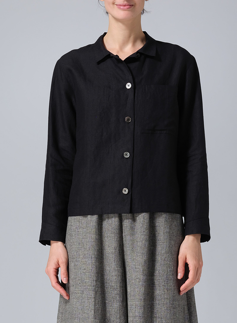 Linen Cropped Shirt Jacket with Pockets