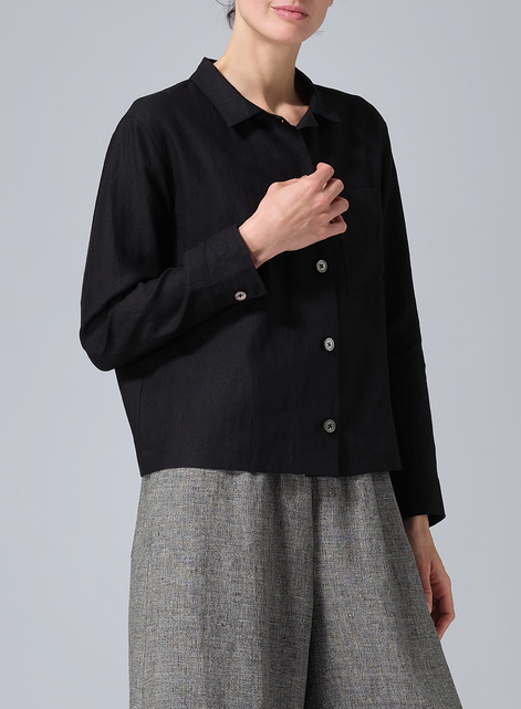Linen Cropped Shirt Jacket with Pockets