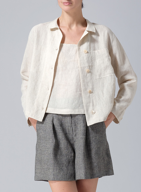 Linen Cropped Shirt Jacket with Pockets