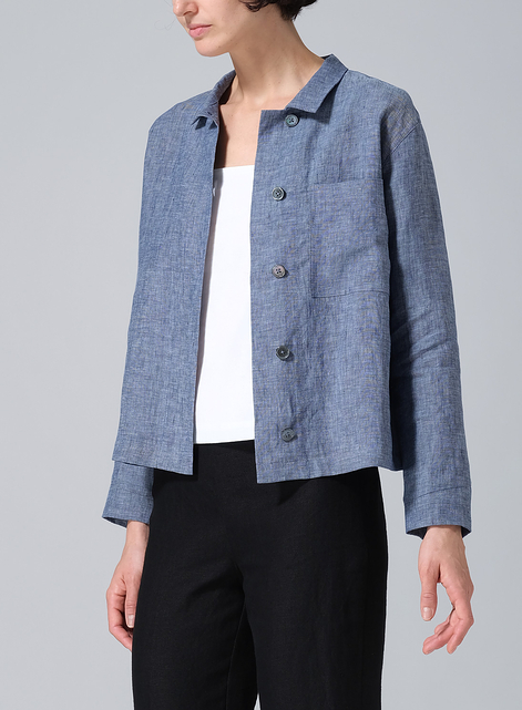 Linen Cropped Shirt Jacket with Pockets