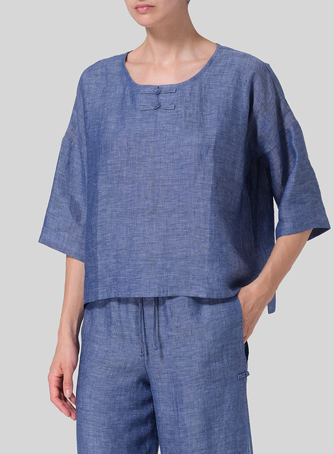 Linen Dropped Shoulder Handmade Knot Button Top