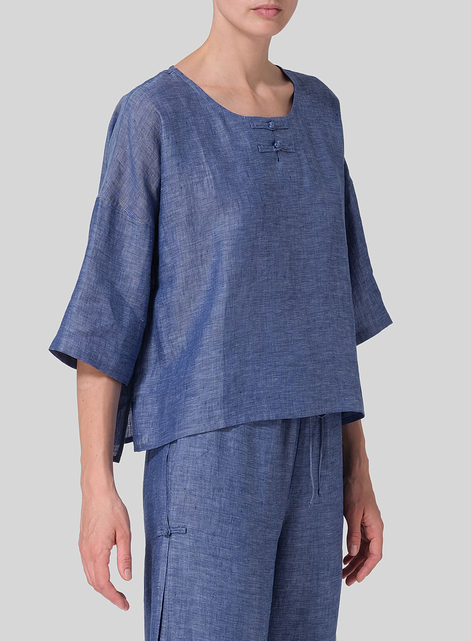 Linen Dropped Shoulder Handmade Knot Button Top