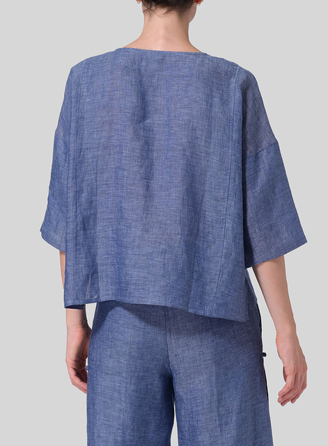 Linen Dropped Shoulder Handmade Knot Button Top