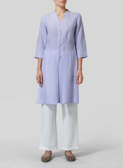 Linen V-neck Stand Collar Long Blouse