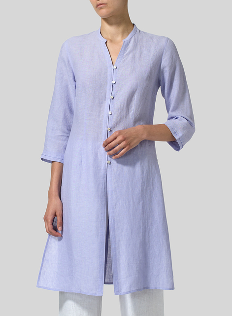 Linen V-neck Stand Collar Long Blouse