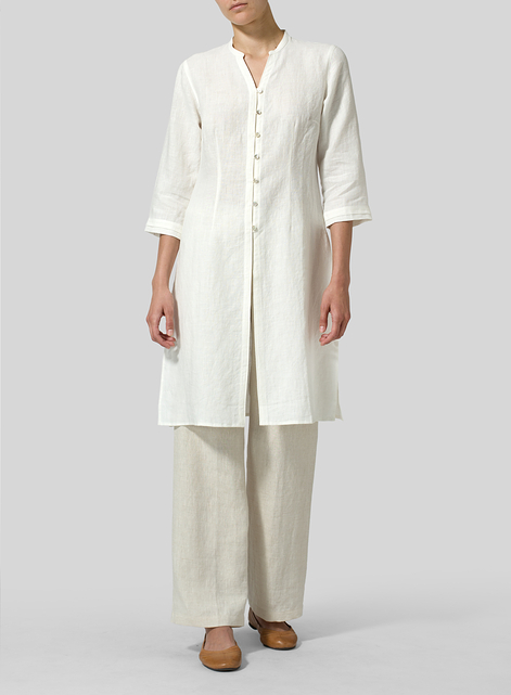 Linen V-neck Stand Collar Long Blouse