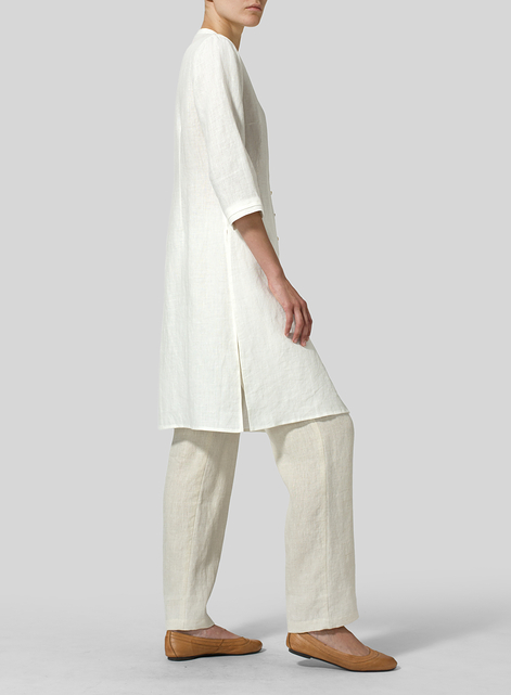 Linen V-neck Stand Collar Long Blouse
