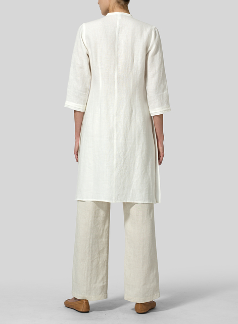 Linen V-neck Stand Collar Long Blouse