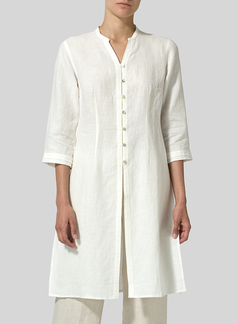 Linen V-neck Stand Collar Long Blouse