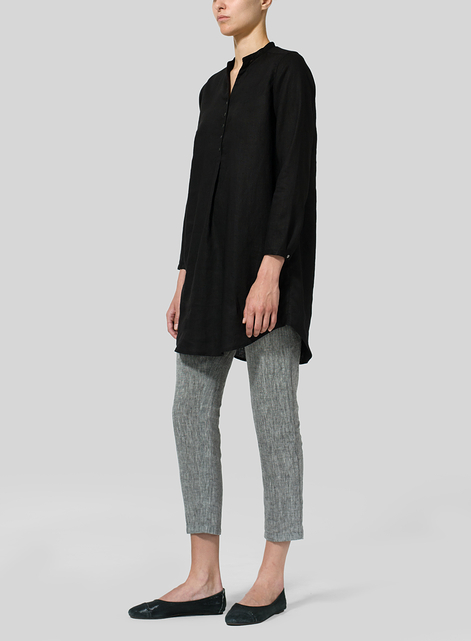 Linen Long Blouse With V-neck Mandarin Collar