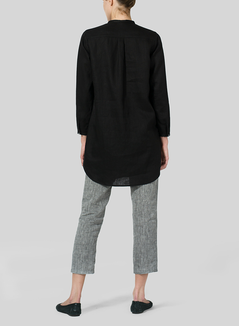 Linen Long Blouse With V-neck Mandarin Collar