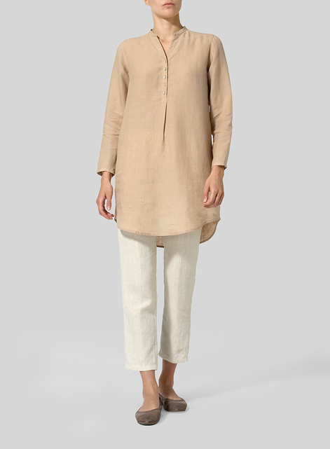 Linen Long Blouse With V-neck Mandarin Collar
