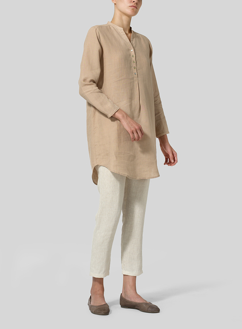 Linen Long Blouse With V-neck Mandarin Collar