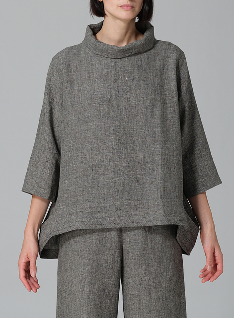 Linen Yarn-dyed Cowl Neck Top