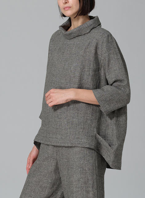 Linen Yarn-dyed Cowl Neck Top