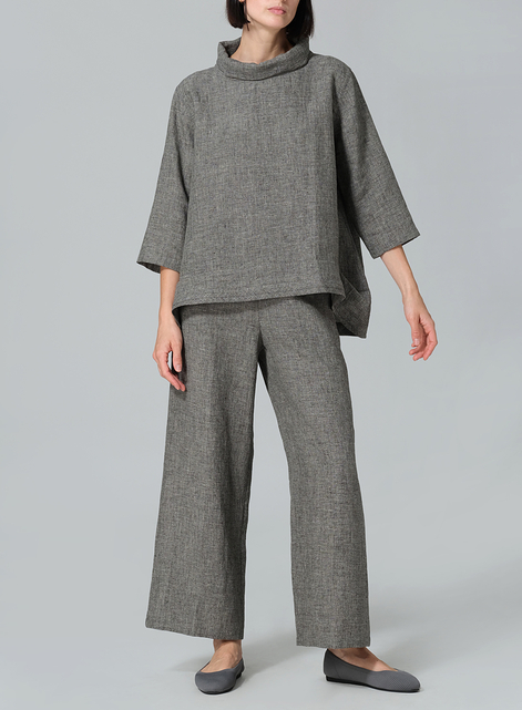 Linen Yarn-dyed Cowl Neck Top