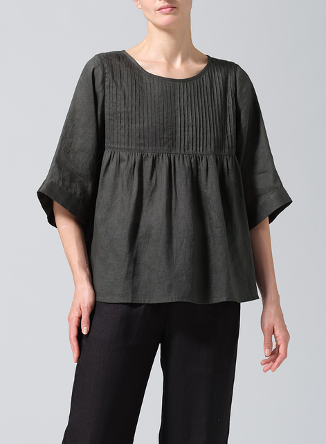 Linen Hand-Made Pleated Bell Sleeve Blouse